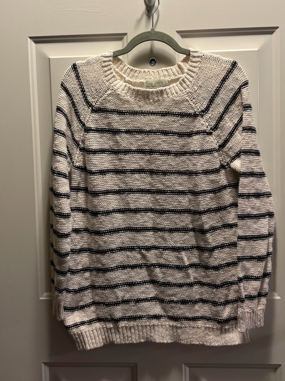 Forever 21 White and Black Striped Crewneck Sweater